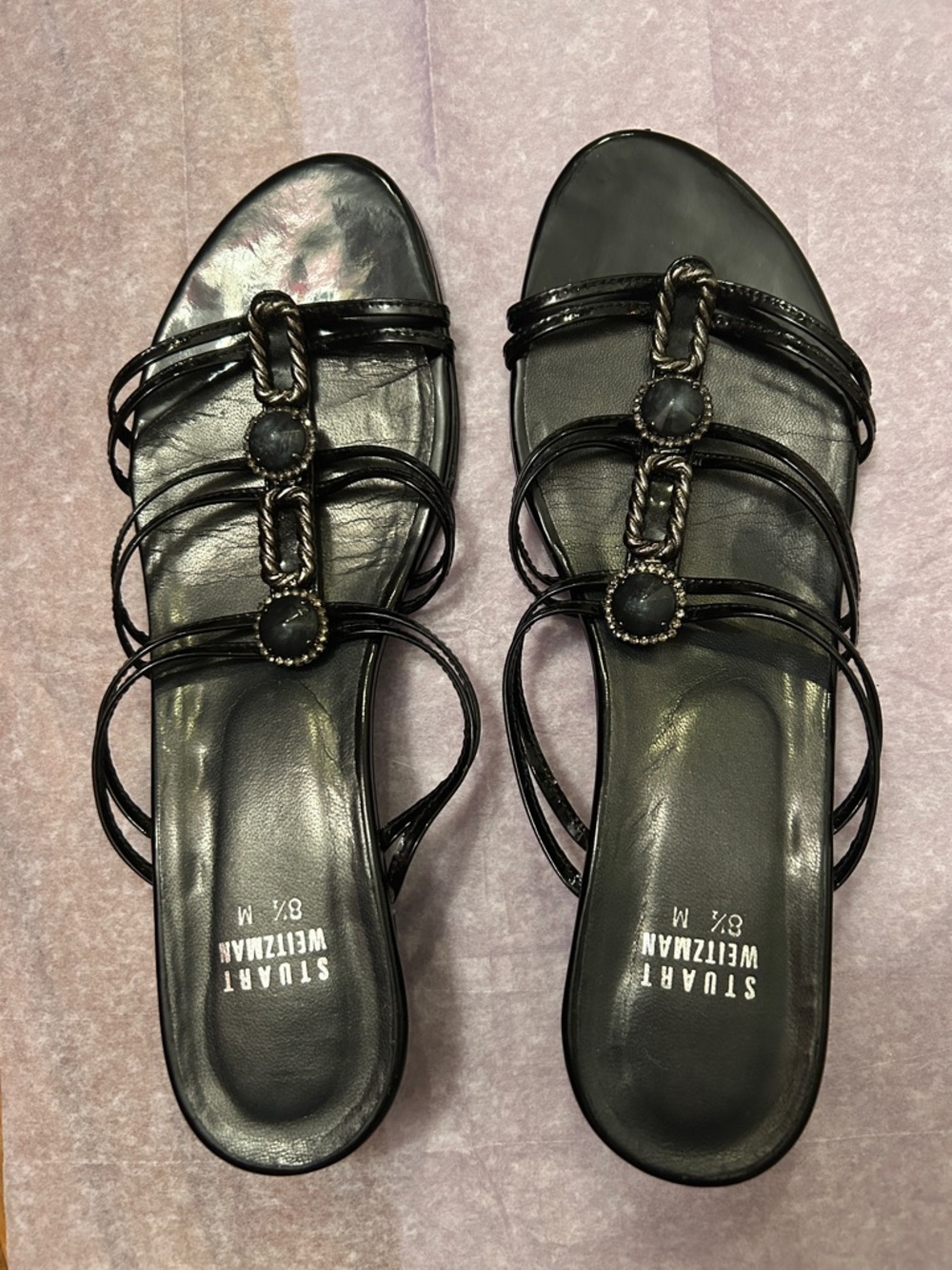 Stuart Weitzman Black Strappy Jeweled Slide Sandals Size 8.5
